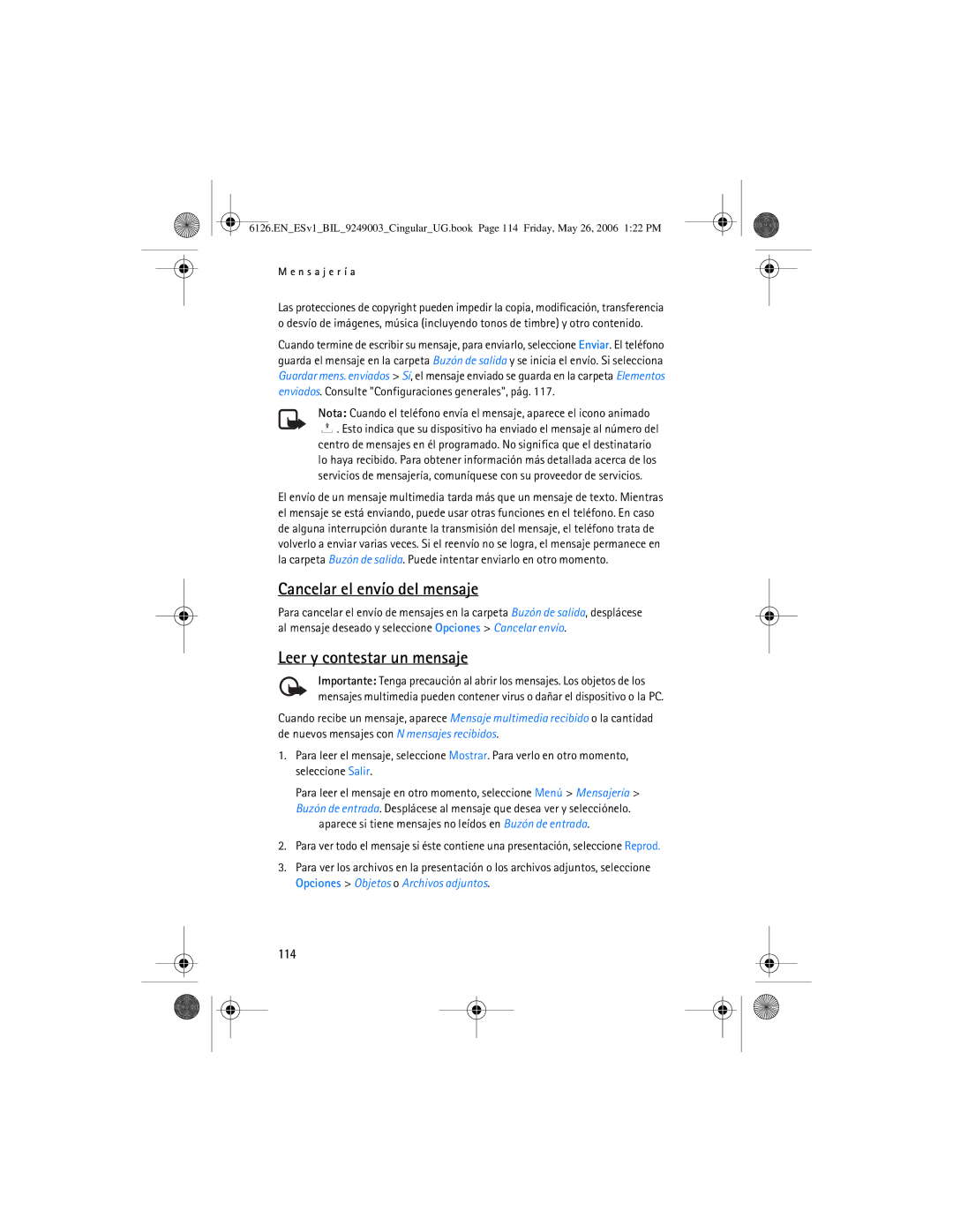 Nokia 6126 manual Cancelar el envío del mensaje, 114 
