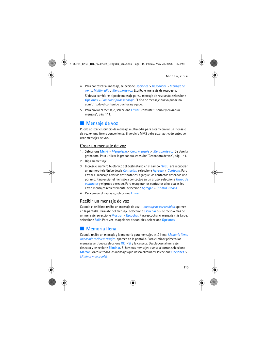 Nokia 6126 manual Mensaje de voz, Memoria llena, Crear un mensaje de voz, Recibir un mensaje de voz, 115 