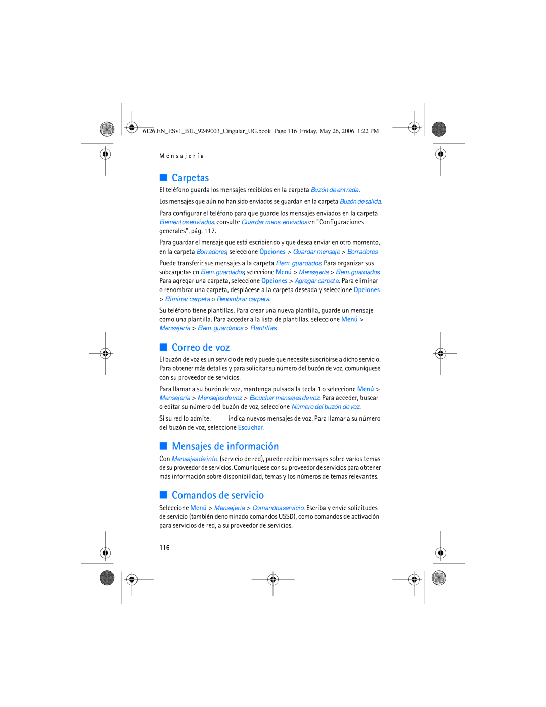 Nokia 6126 manual Carpetas, Correo de voz, Mensajes de información, Comandos de servicio, 116 