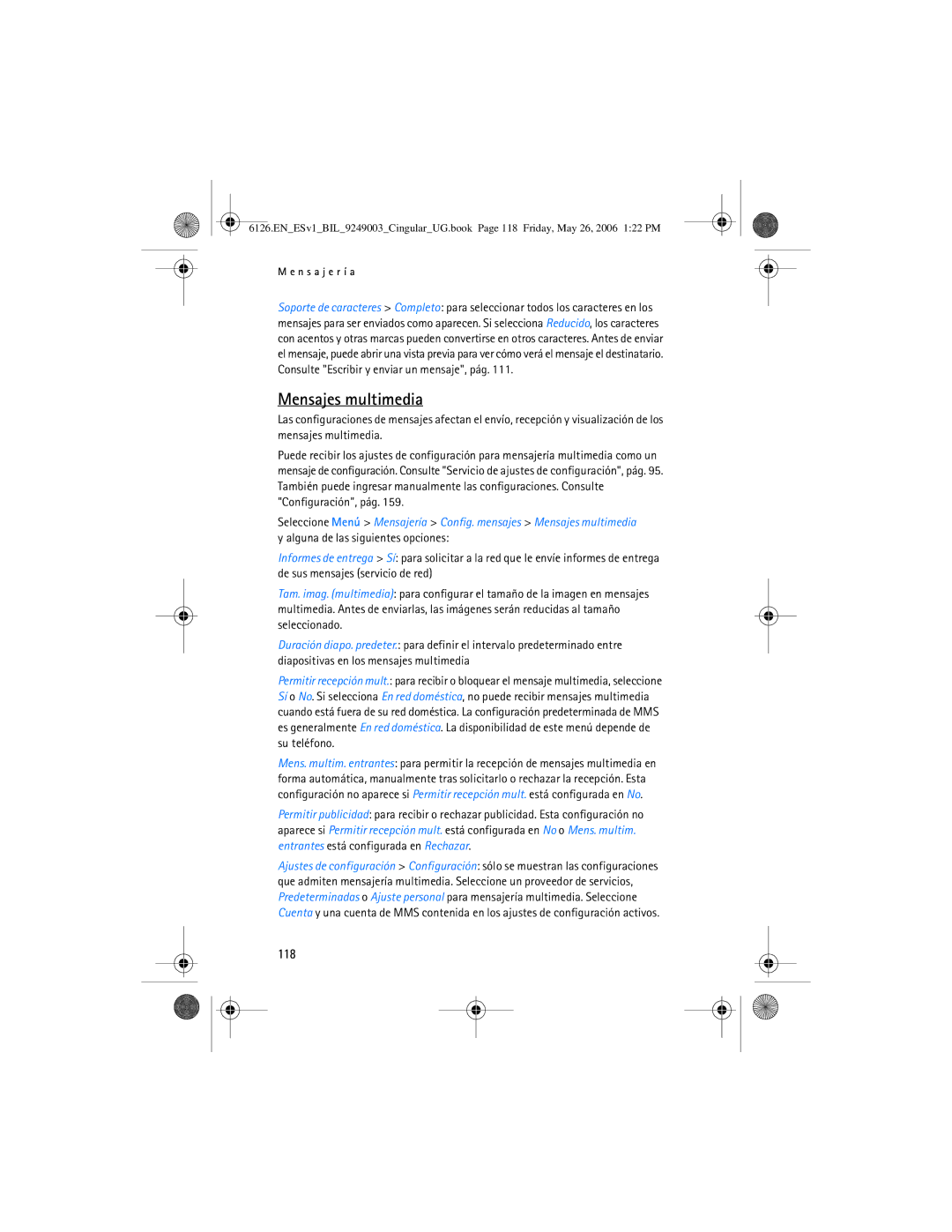 Nokia 6126 manual Mensajes multimedia, 118 