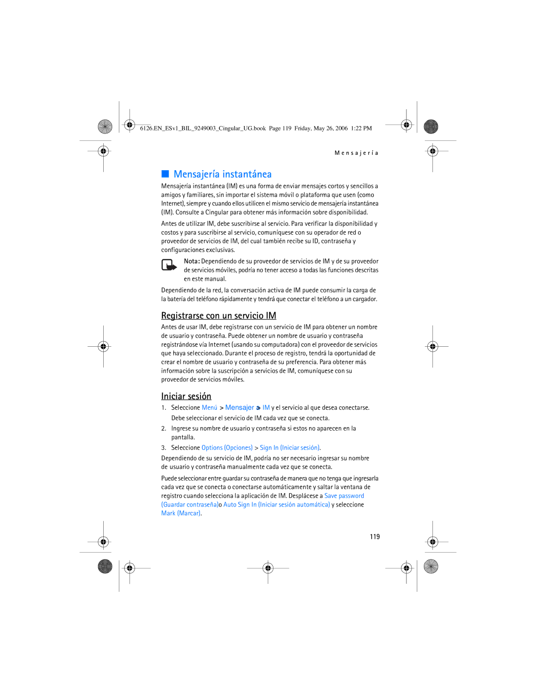 Nokia 6126 manual Mensajería instantánea, Registrarse con un servicio IM, Iniciar sesión, 119 