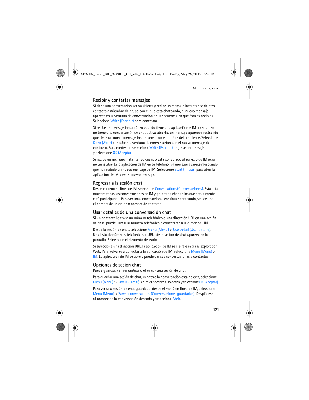 Nokia 6126 manual Recibir y contestar mensajes, Regresar a la sesión chat, Usar detalles de una conversación chat, 121 
