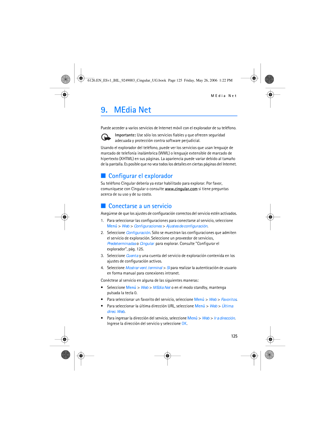 Nokia 6126 manual Configurar el explorador Conectarse a un servicio, 125 