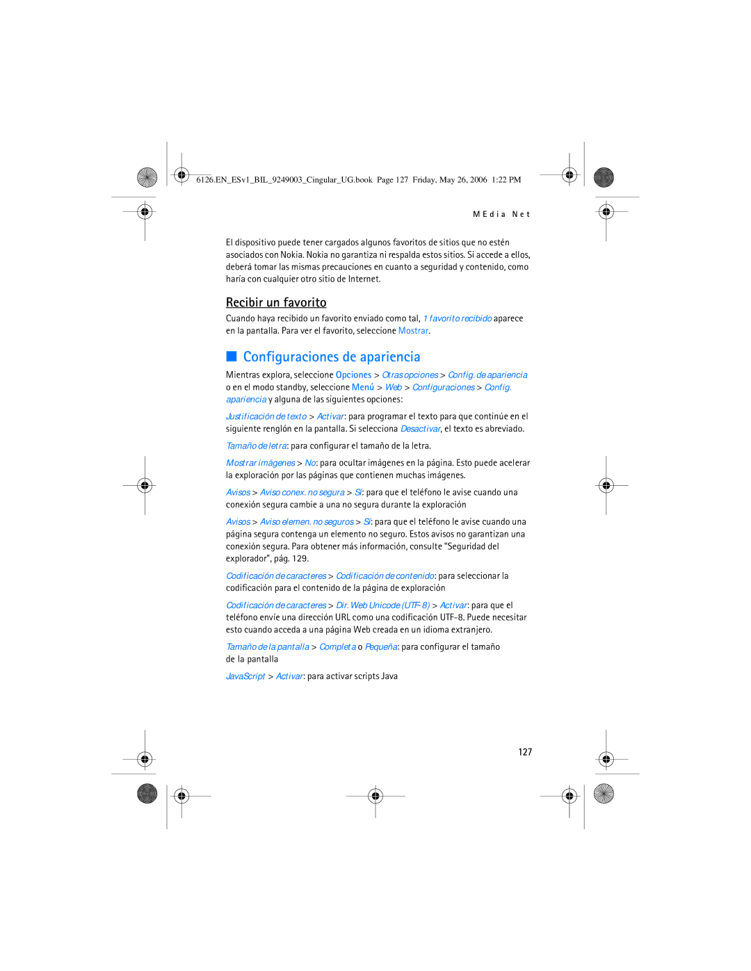 Nokia 6126 Configuraciones de apariencia, Recibir un favorito, 127, Tamaño de letra para configurar el tamaño de la letra 