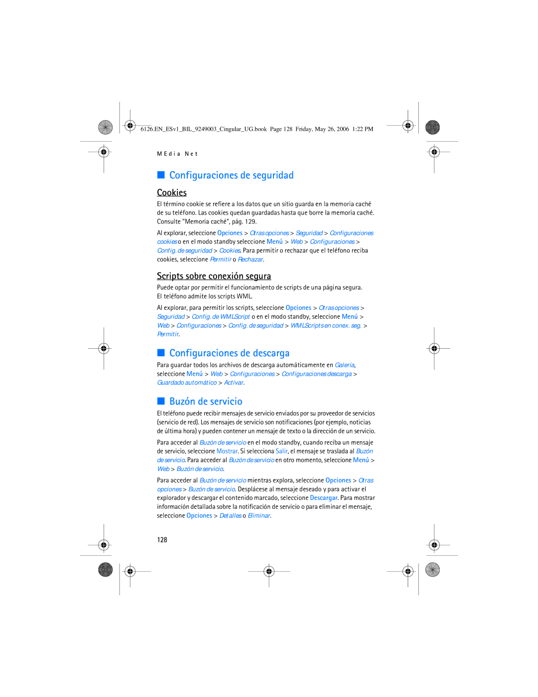 Nokia 6126 Configuraciones de seguridad, Configuraciones de descarga, Buzón de servicio, Scripts sobre conexión segura 