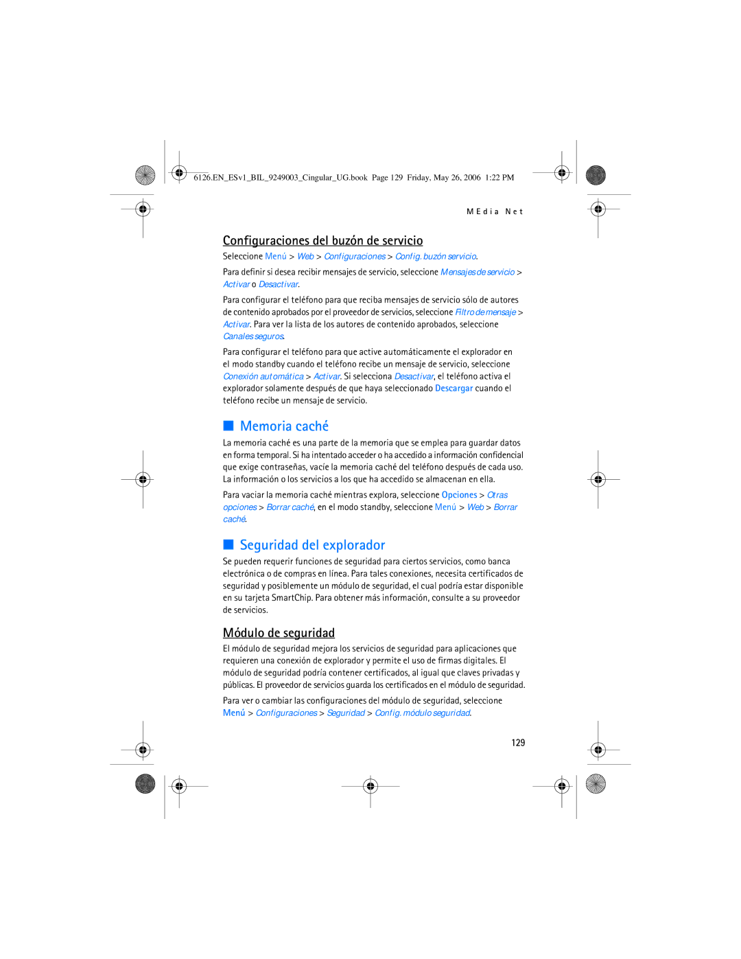 Nokia 6126 manual Memoria caché, Seguridad del explorador, Configuraciones del buzón de servicio, Módulo de seguridad, 129 