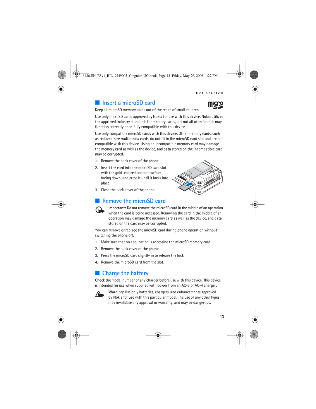 Nokia 6126 manual Insert a microSD card, Remove the microSD card, Charge the battery 