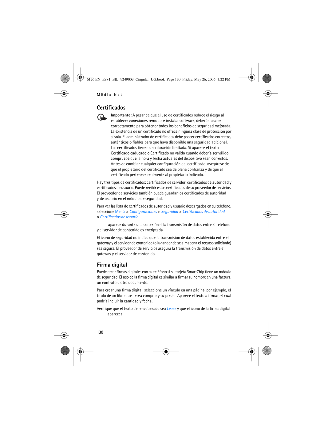 Nokia 6126 manual Firma digital, 130, De usuario en el módulo de seguridad, Certificados de usuario 