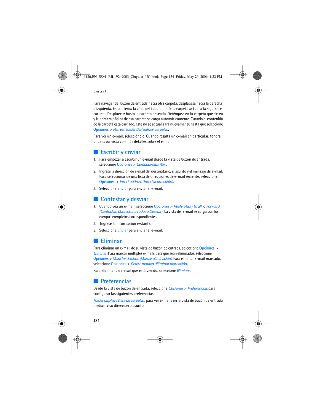 Nokia 6126 manual Escribir y enviar, Contestar y desviar, Eliminar, Preferencias, 134 