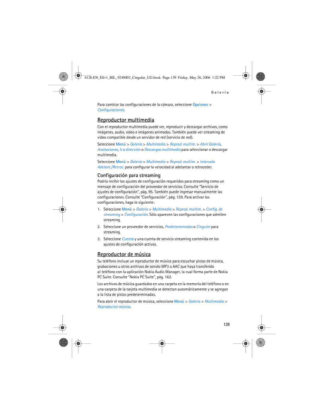Nokia 6126 manual Reproductor multimedia, Reproductor de música, Configuración para streaming, 139 