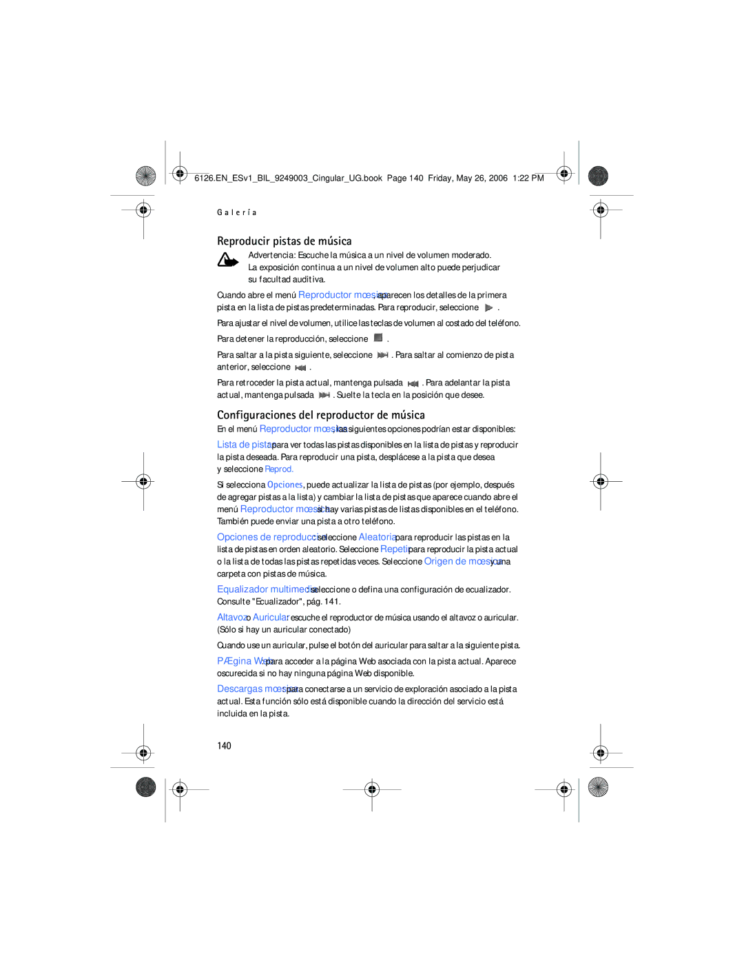 Nokia 6126 manual Reproducir pistas de música, Configuraciones del reproductor de música, 140, Seleccione Reprod 