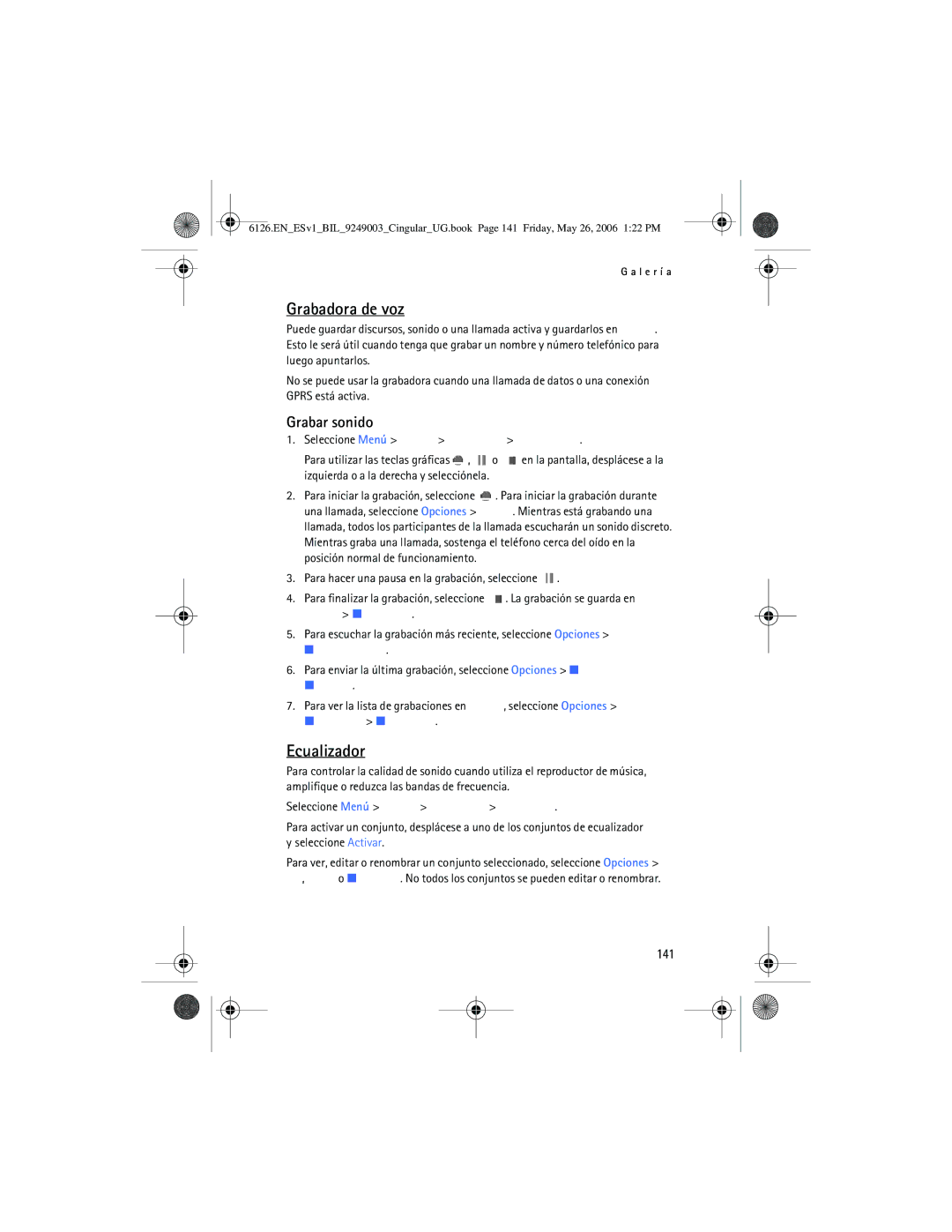 Nokia 6126 manual Grabadora de voz, Ecualizador, Grabar sonido, 141 