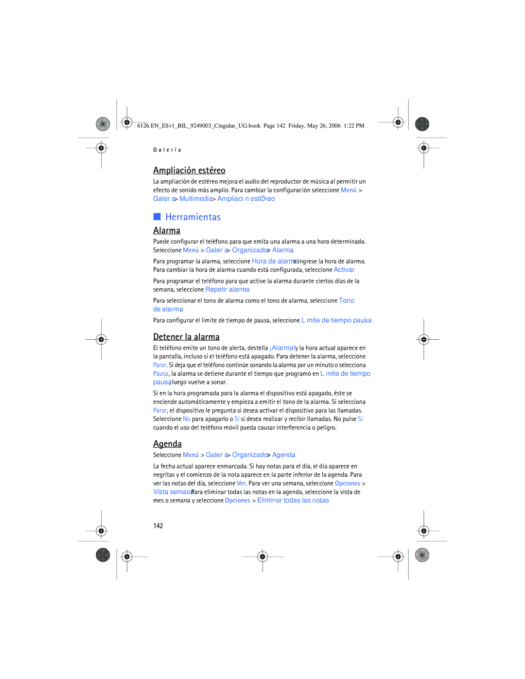 Nokia 6126 manual Herramientas, Ampliación estéreo, Alarma, Detener la alarma, Agenda 