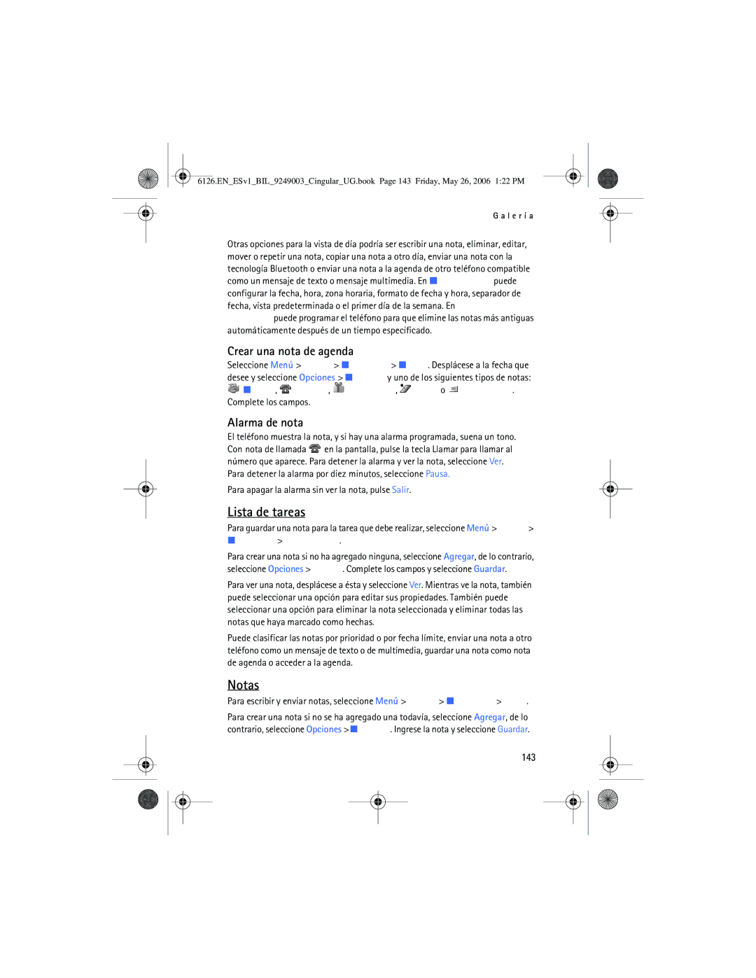 Nokia 6126 manual Lista de tareas, Notas, Crear una nota de agenda, Alarma de nota, 143 