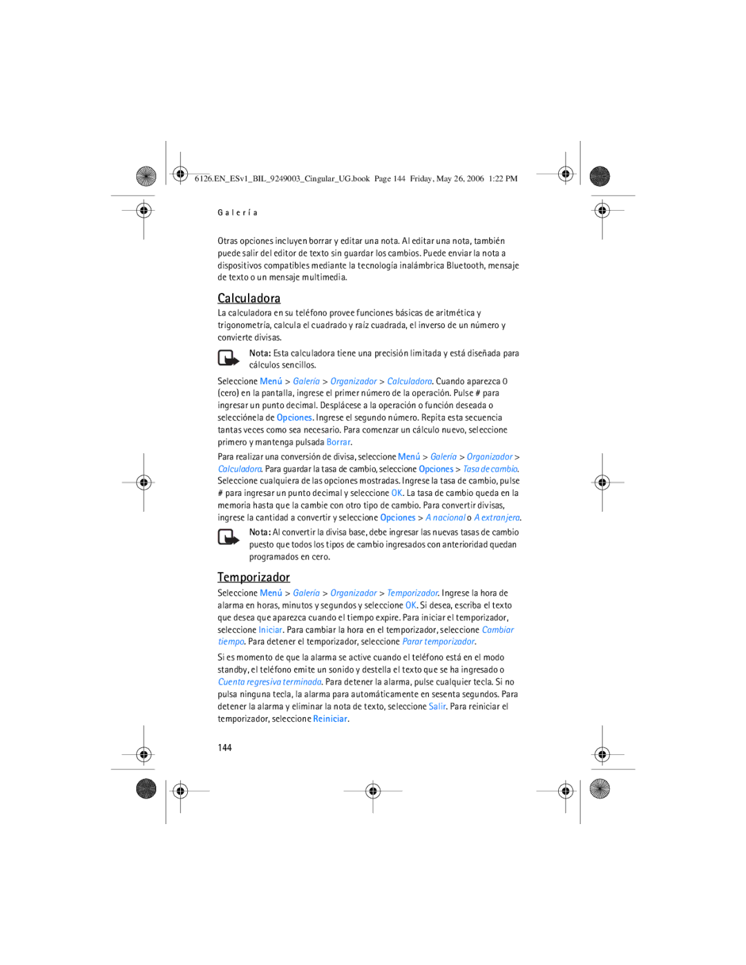 Nokia 6126 manual Calculadora, Temporizador, 144 