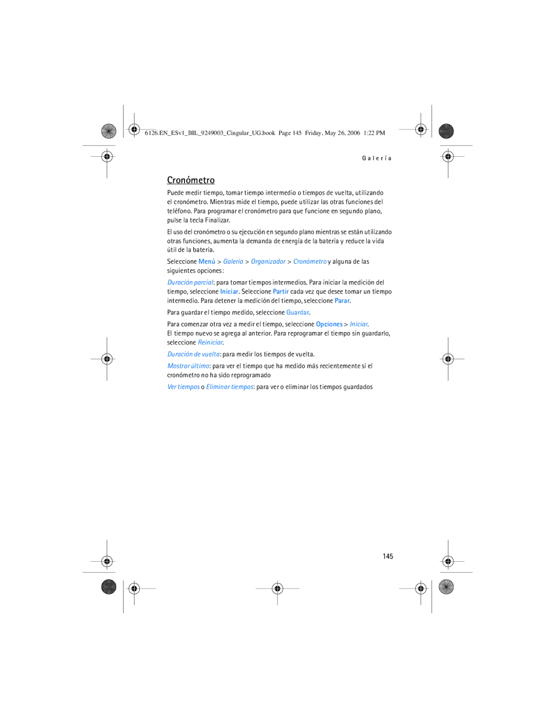 Nokia 6126 manual Cronómetro, 145 
