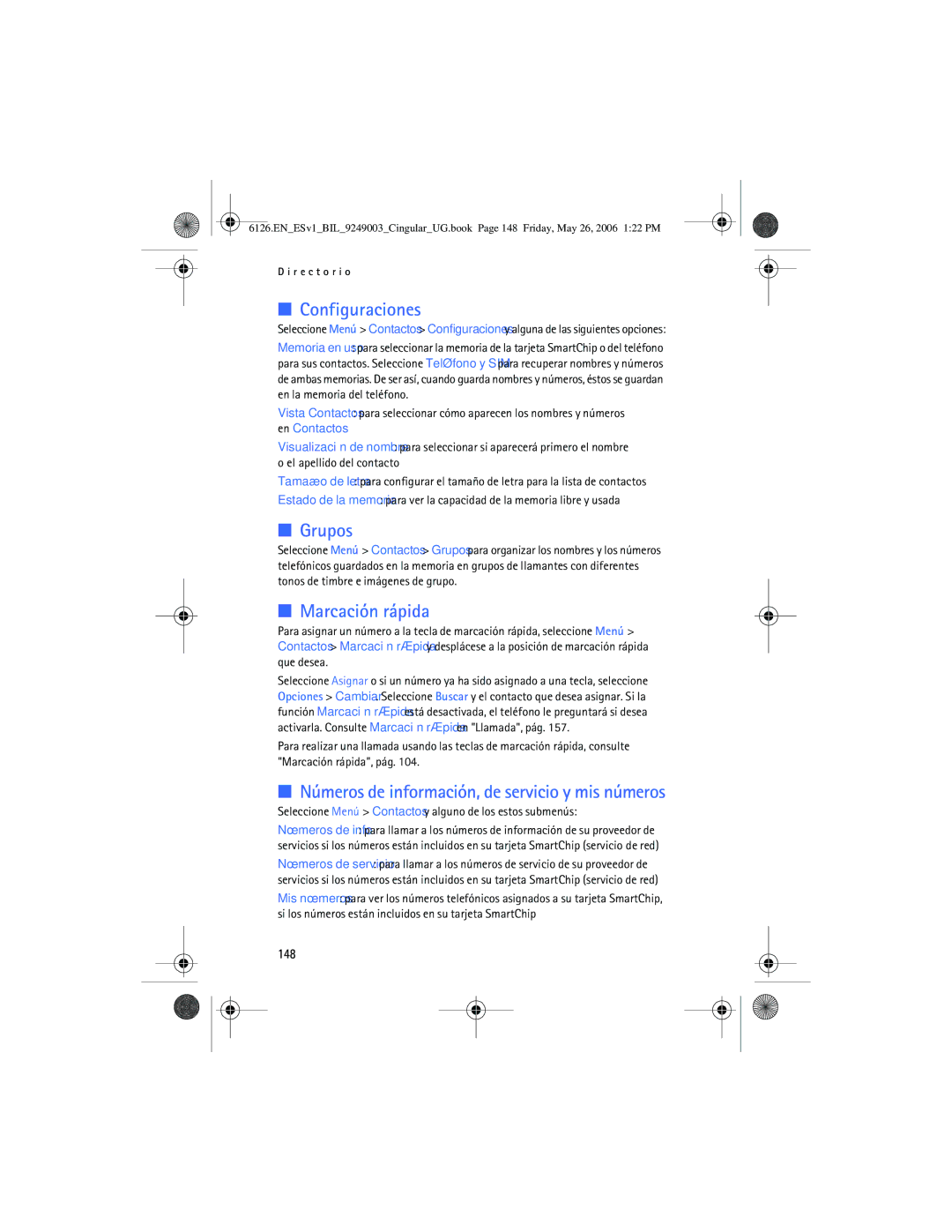 Nokia 6126 manual Configuraciones, Grupos, Marcación rápida, Números de información, de servicio y mis números, 148 