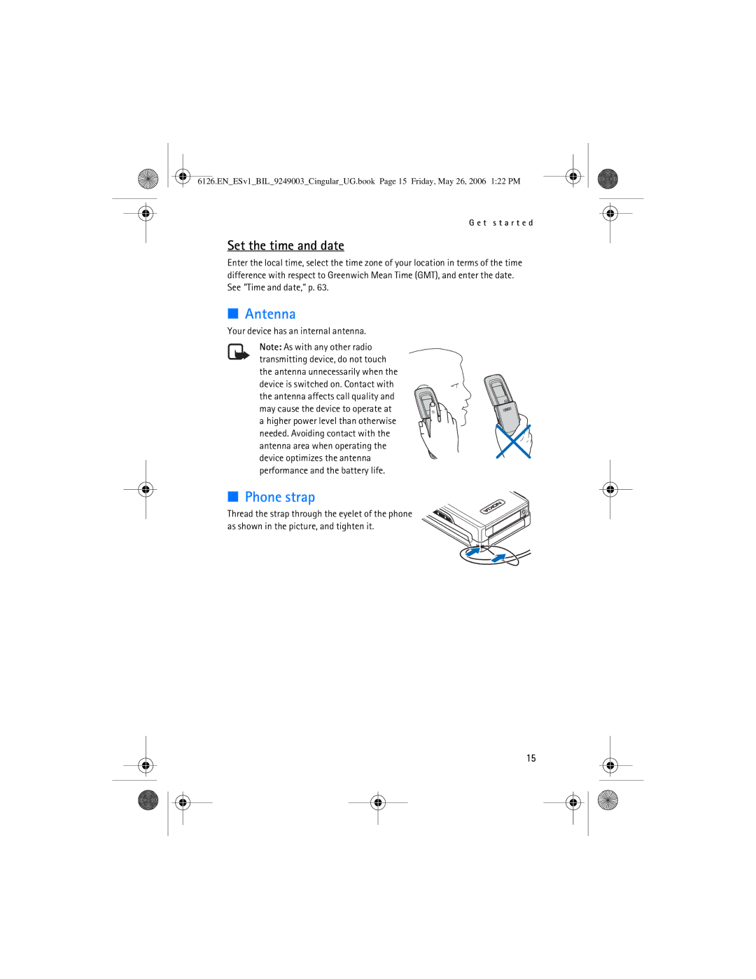 Nokia 6126 manual Antenna, Phone strap, Set the time and date, Your device has an internal antenna 