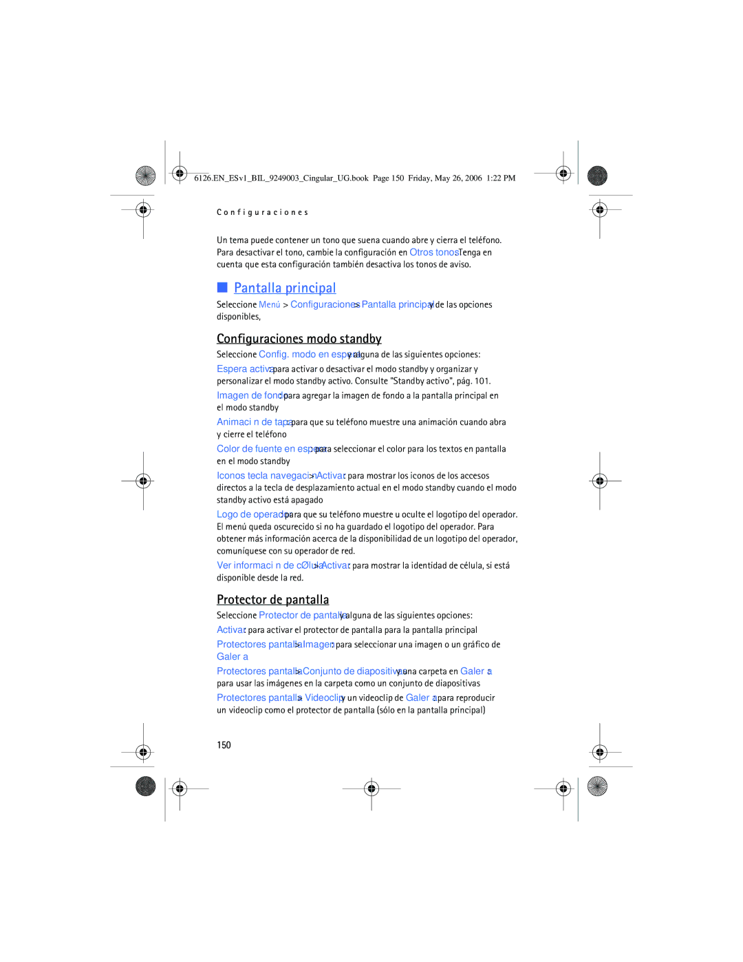 Nokia 6126 manual Pantalla principal, Configuraciones modo standby, Protector de pantalla, 150 