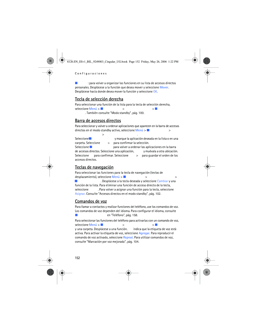Nokia 6126 manual Tecla de selección derecha, Barra de accesos directos, Teclas de navegación, Comandos de voz, 152 