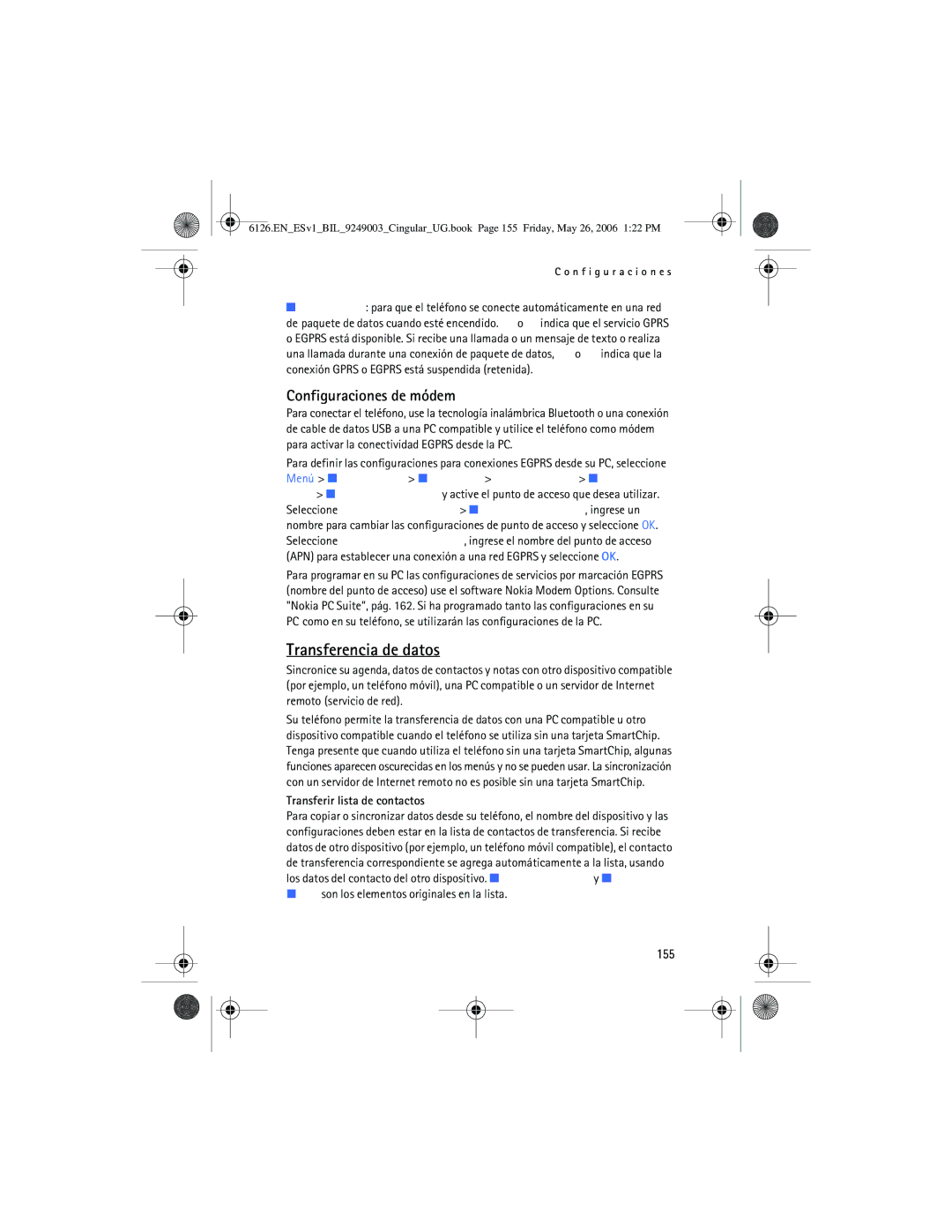 Nokia 6126 manual Transferencia de datos, Configuraciones de módem, 155 