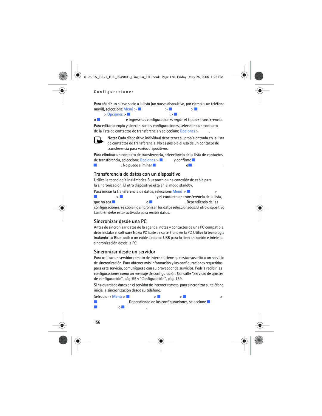 Nokia 6126 manual Transferencia de datos con un dispositivo, Sincronizar desde una PC, Sincronizar desde un servidor, 156 