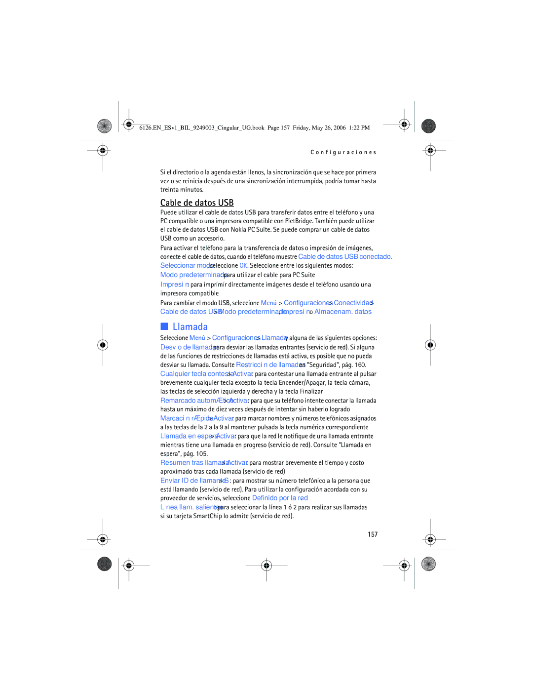 Nokia 6126 manual Llamada, Cable de datos USB, 157 