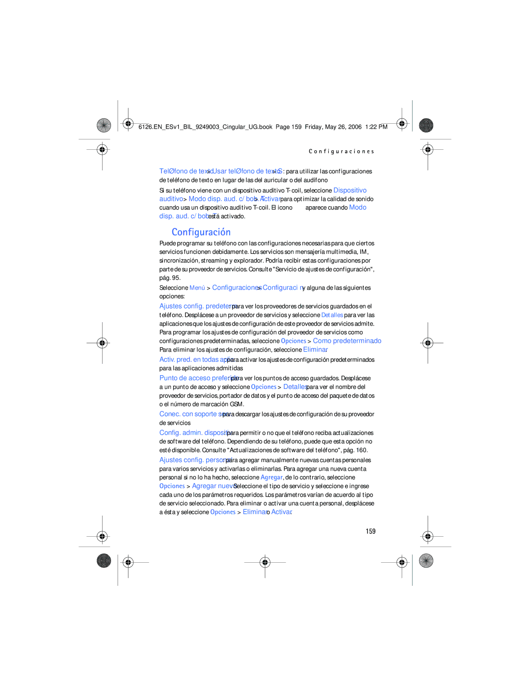 Nokia 6126 manual Configuración, 159 