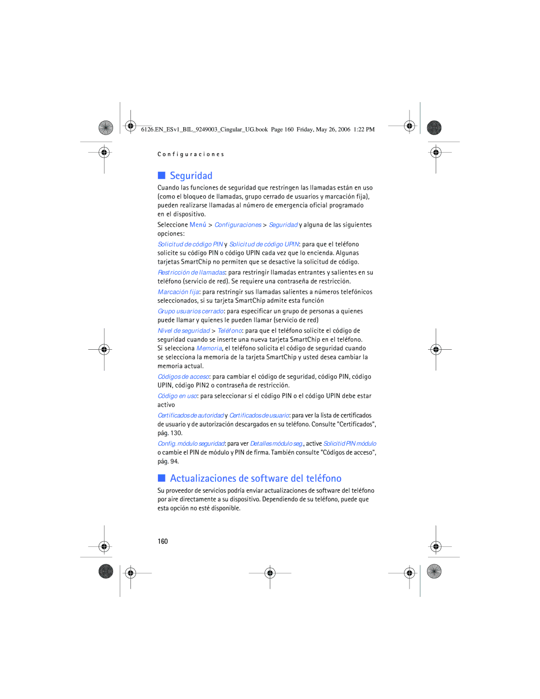 Nokia 6126 manual Seguridad, Actualizaciones de software del teléfono, 160 