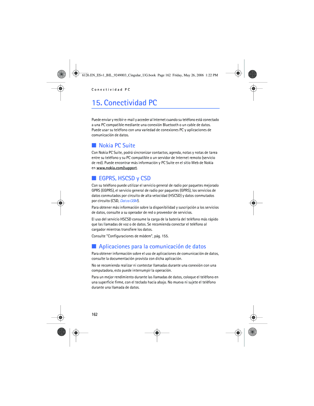 Nokia 6126 manual Conectividad PC, Nokia PC Suite EGPRS, Hscsd y CSD, Aplicaciones para la comunicación de datos, 162 