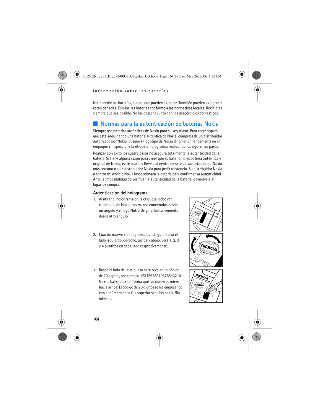 Nokia 6126 manual Normas para la autenticación de baterías Nokia, Autenticación del holograma, 164 