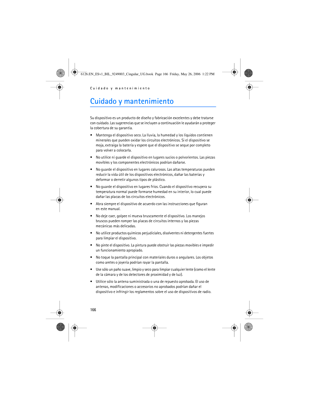 Nokia 6126 manual Cuidado y mantenimiento, 166 