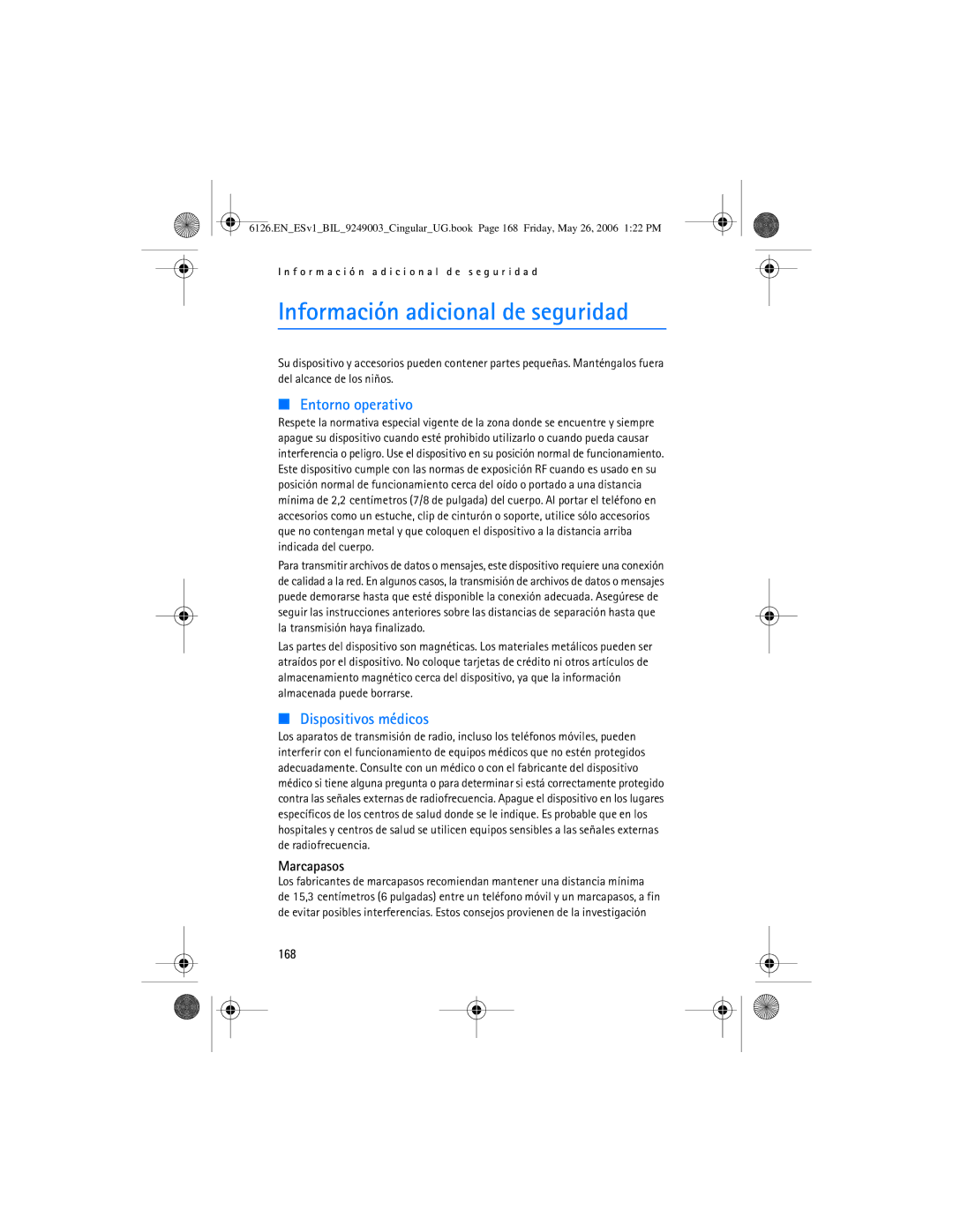 Nokia 6126 manual Información adicional de seguridad, Marcapasos, 168 