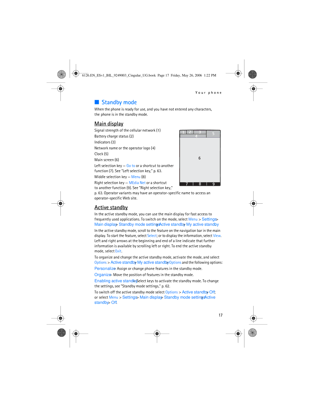 Nokia 6126 manual Standby mode, Main display, Active standby 