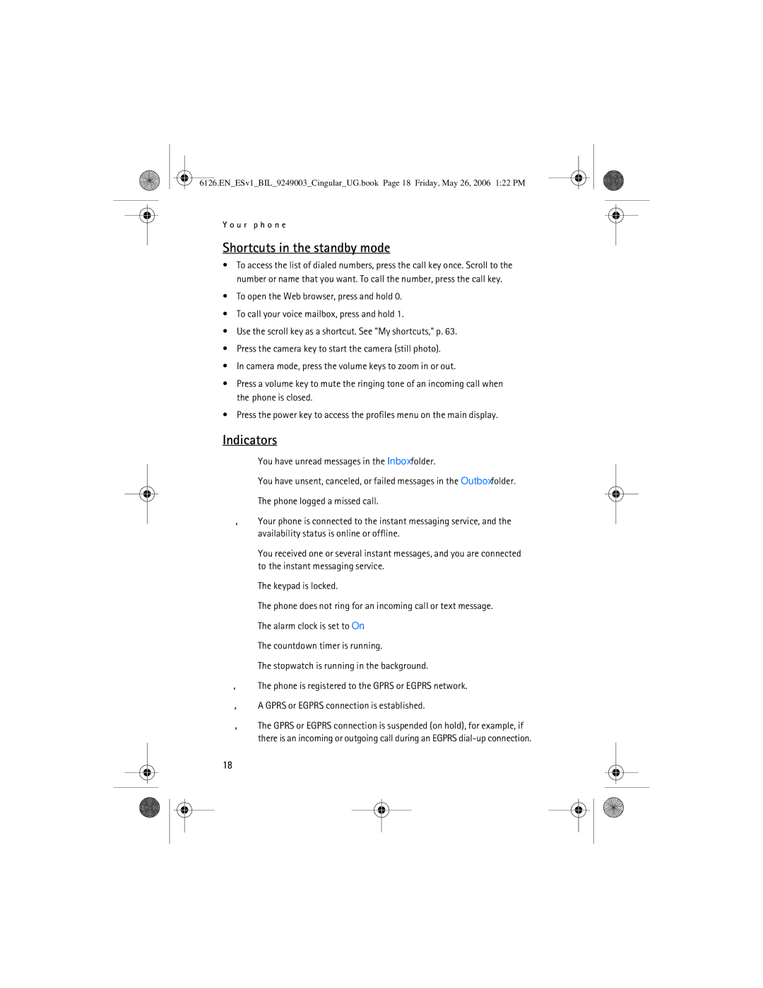 Nokia 6126 manual Shortcuts in the standby mode, Indicators 