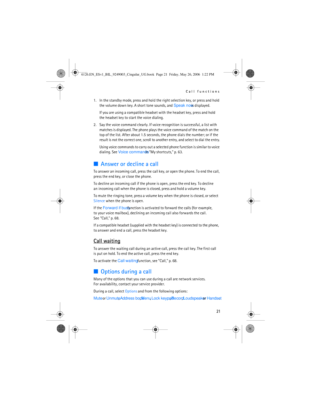 Nokia 6126 manual Answer or decline a call, Options during a call, Call waiting 