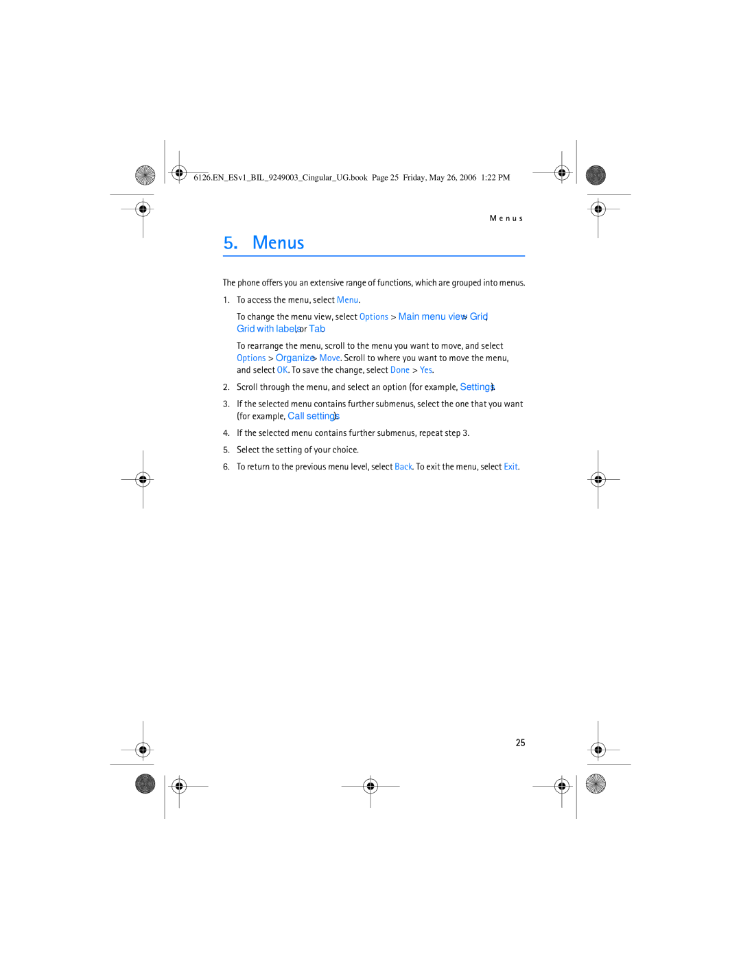 Nokia 6126 manual Menus 