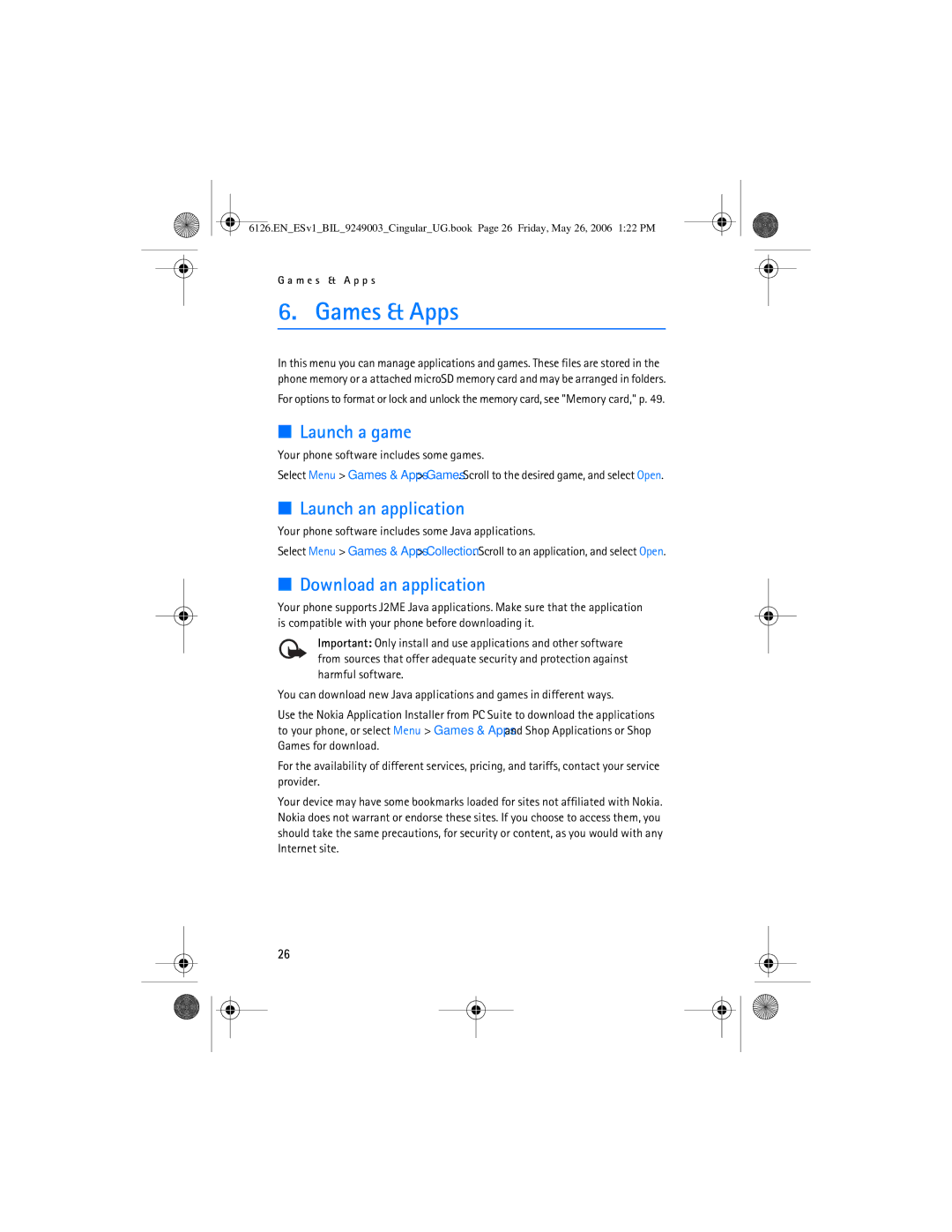 Nokia 6126 manual Games & Apps, Launch a game, Launch an application, Download an application 
