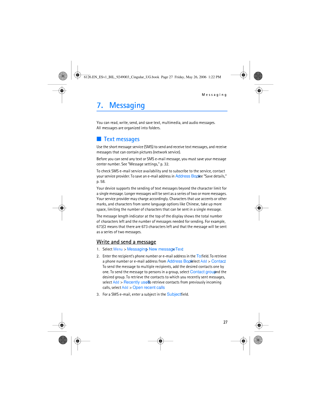 Nokia 6126 manual Text messages, Write and send a message, Select Menu Messaging New message Text 