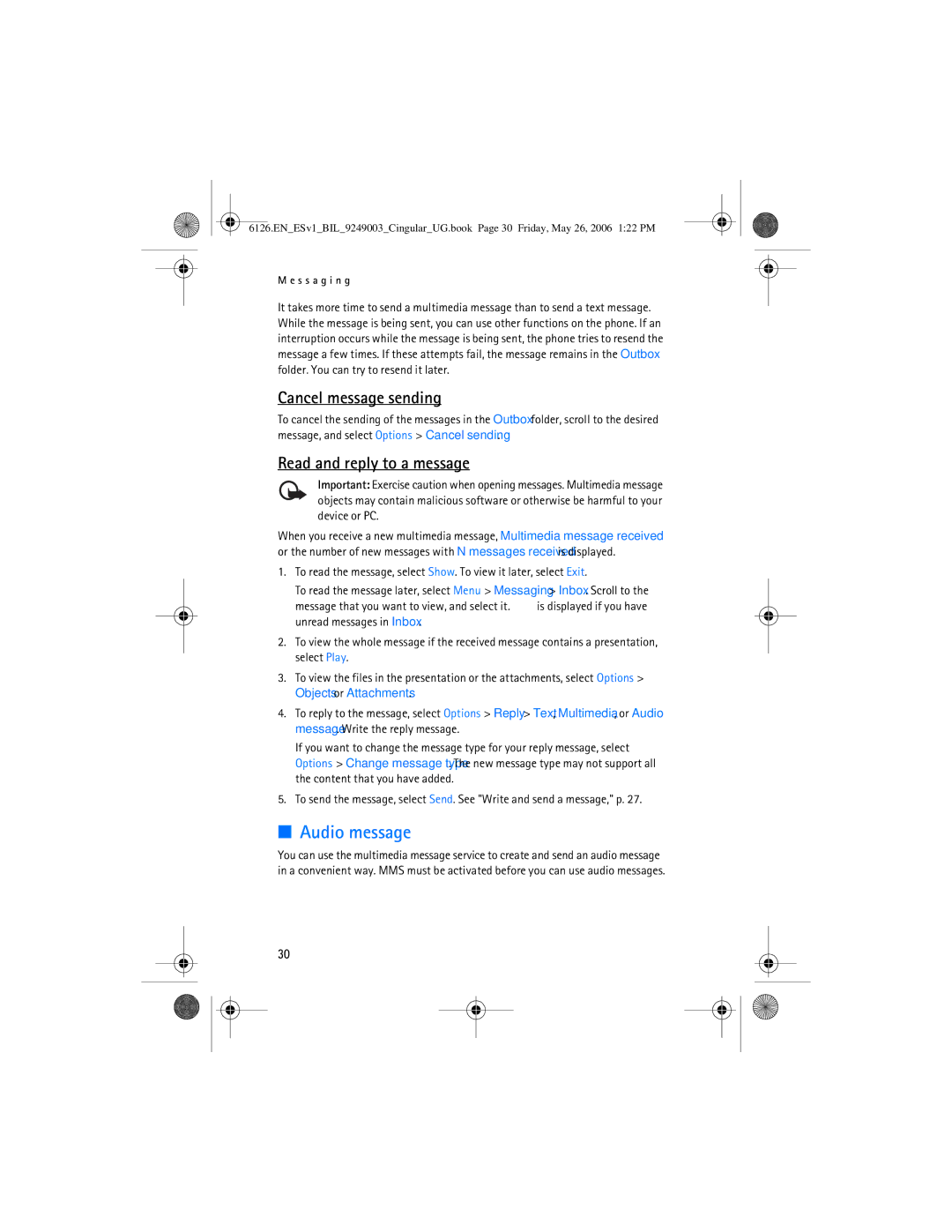 Nokia 6126 manual Audio message, Cancel message sending 