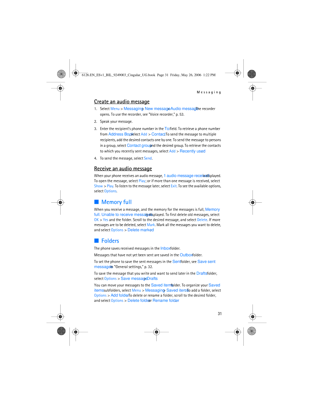 Nokia 6126 manual Memory full, Folders, Create an audio message, Receive an audio message, Speak your message 