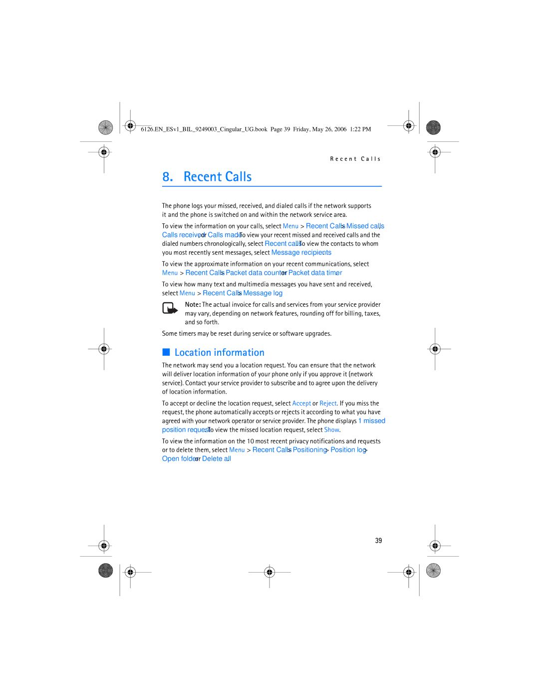 Nokia 6126 manual Recent Calls, Location information 