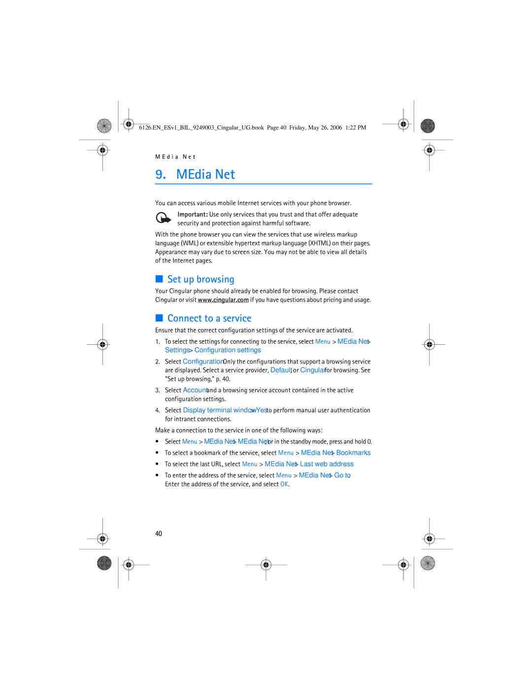 Nokia 6126 manual MEdia Net, Set up browsing Connect to a service 