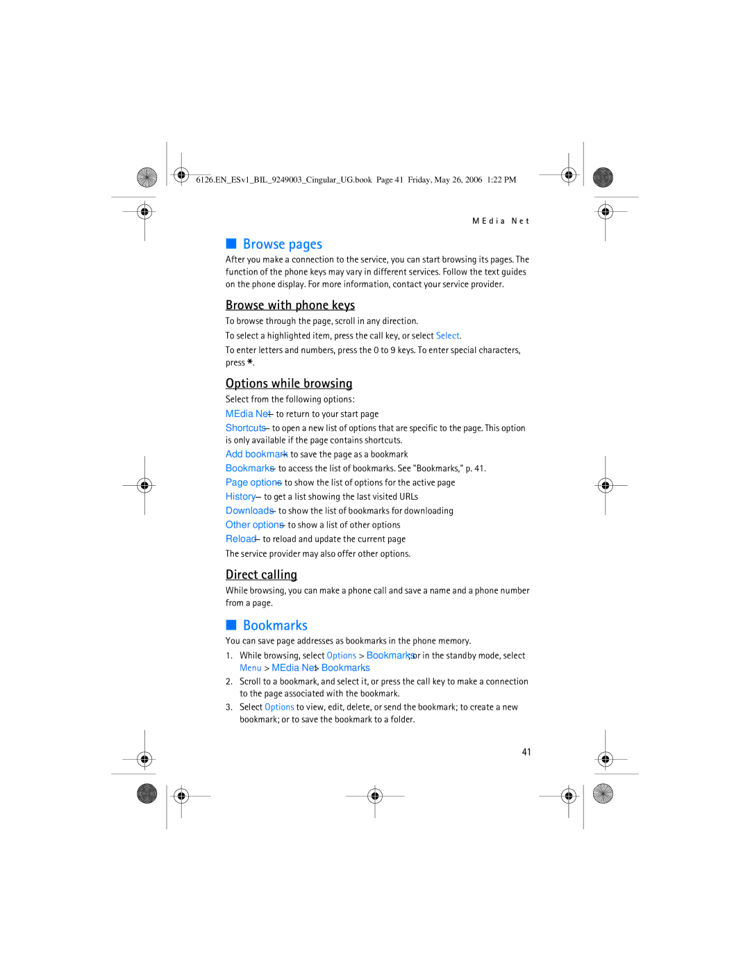Nokia 6126 manual Browse pages, Bookmarks, Browse with phone keys, Options while browsing, Direct calling 
