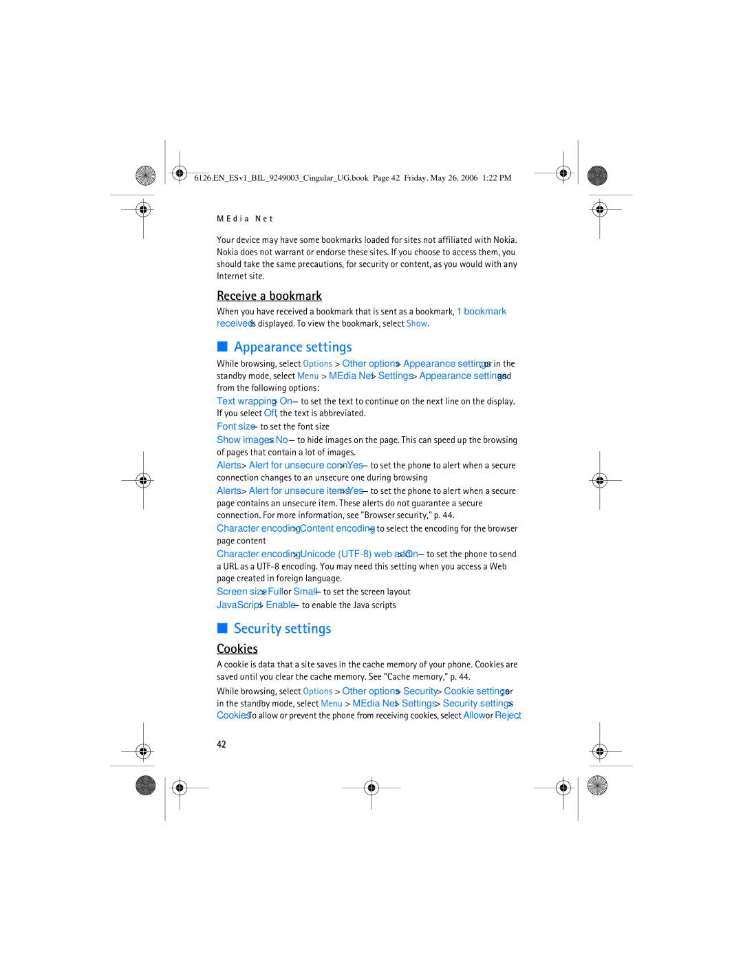 Nokia 6126 manual Appearance settings, Security settings, Receive a bookmark, Cookies 