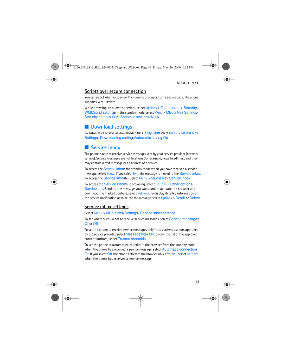 Nokia 6126 manual Download settings, Scripts over secure connection, Service inbox settings 