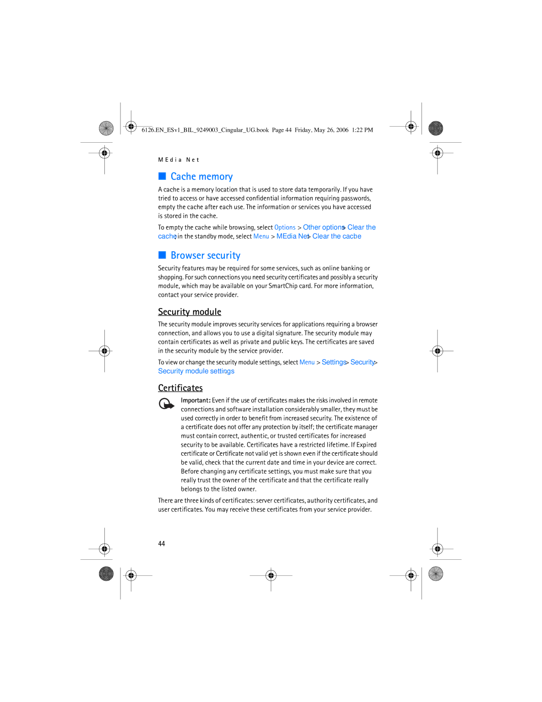 Nokia 6126 manual Cache memory, Browser security, Security module, Certificates 