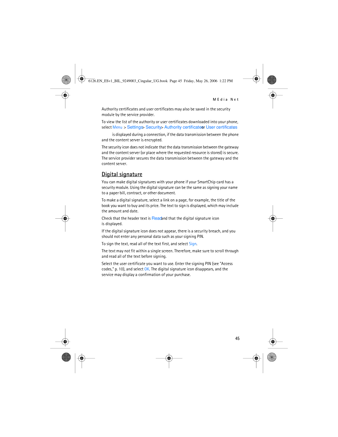 Nokia 6126 manual Digital signature 