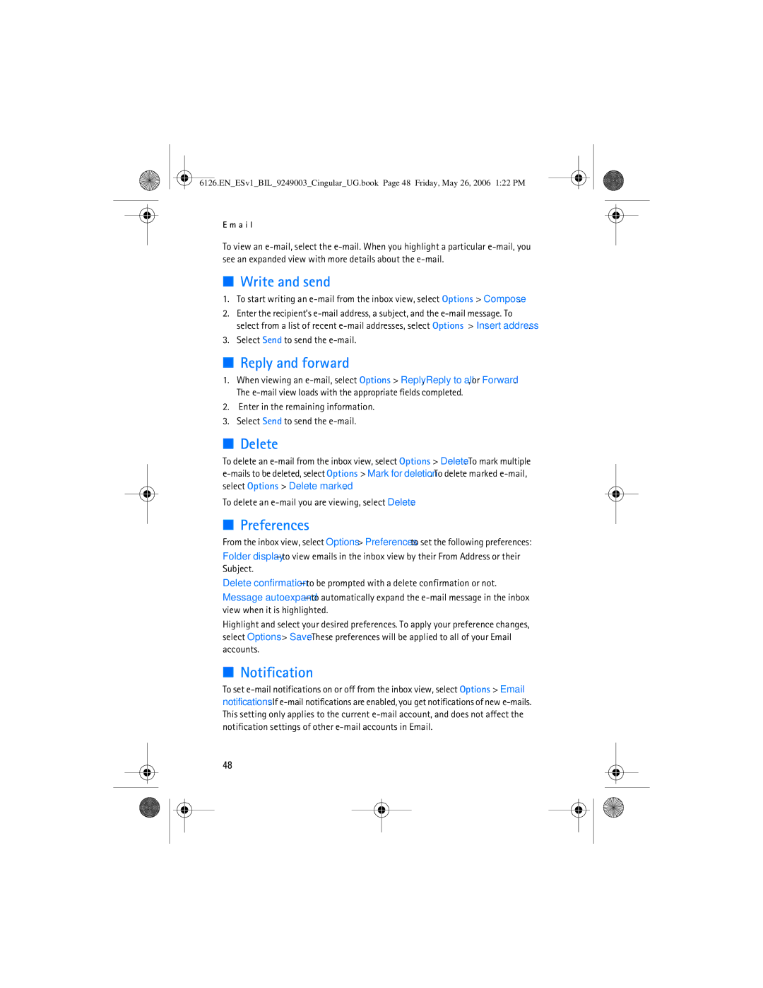 Nokia 6126 manual Write and send, Reply and forward, Delete, Preferences, Notification 