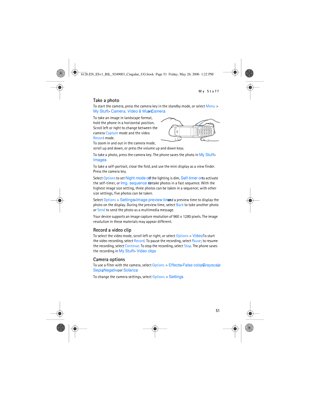 Nokia 6126 manual Take a photo, Record a video clip, Camera options 